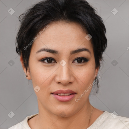 Joyful asian young-adult female with short  brown hair and brown eyes