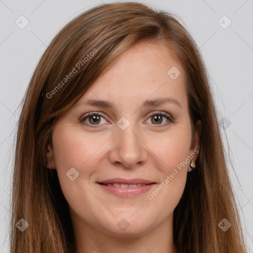 Joyful white young-adult female with long  brown hair and grey eyes