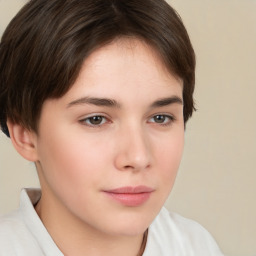 Neutral white young-adult female with short  brown hair and brown eyes