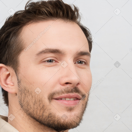 Neutral white young-adult male with short  brown hair and brown eyes