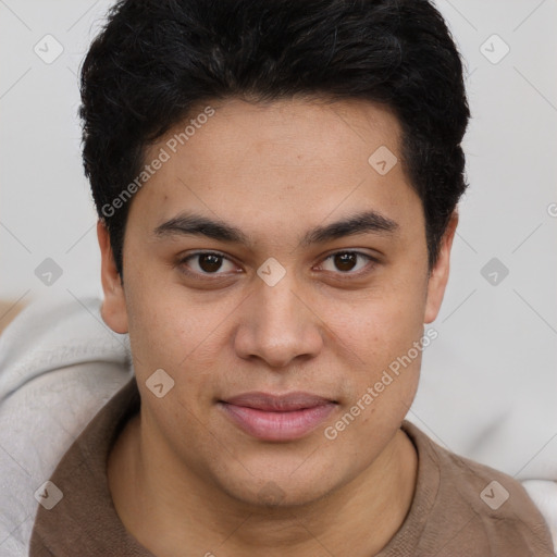 Joyful latino young-adult male with short  brown hair and brown eyes