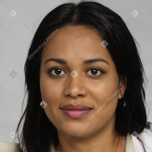 Joyful black young-adult female with medium  brown hair and brown eyes
