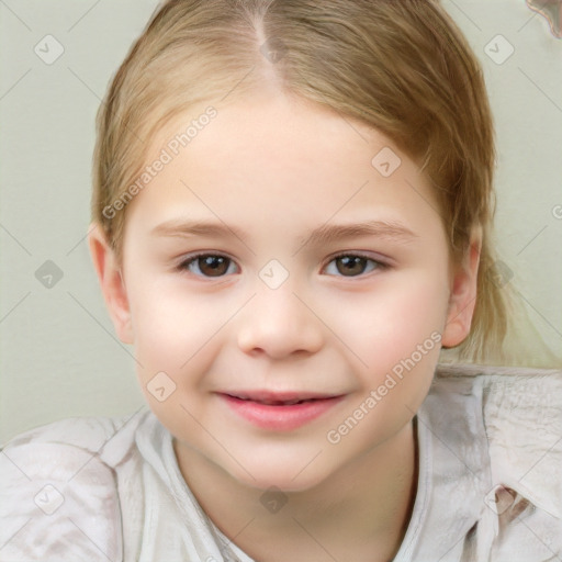 Joyful white child female with short  brown hair and brown eyes