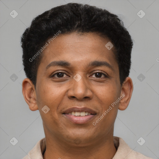 Joyful latino young-adult male with short  brown hair and brown eyes