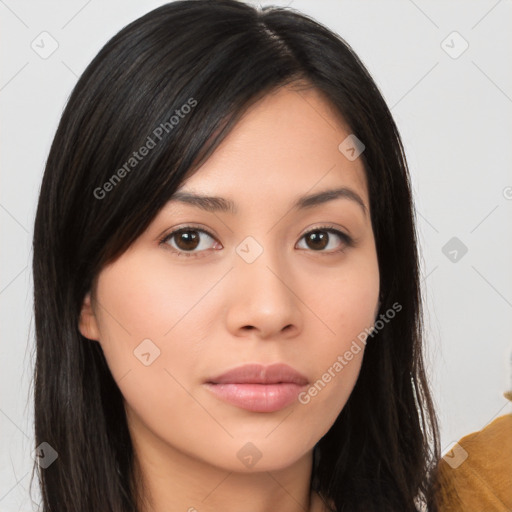 Neutral asian young-adult female with long  brown hair and brown eyes