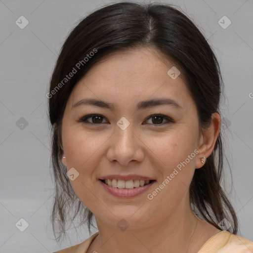 Joyful white young-adult female with medium  brown hair and brown eyes