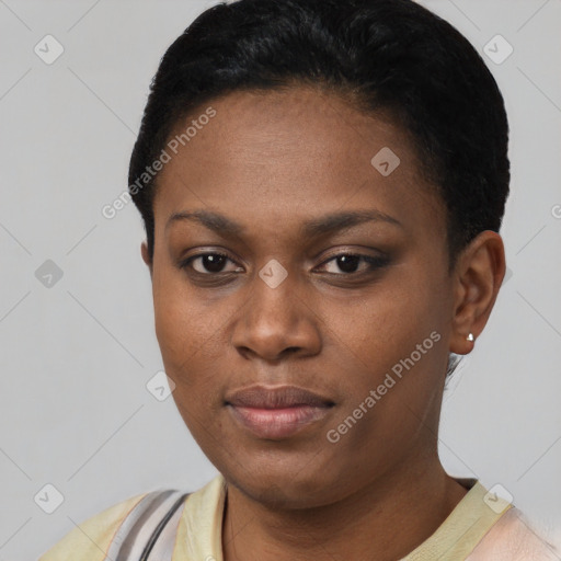 Neutral black young-adult female with short  black hair and brown eyes