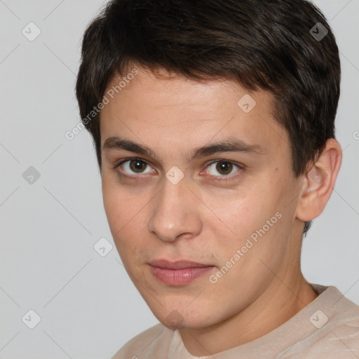 Neutral white young-adult male with short  brown hair and brown eyes