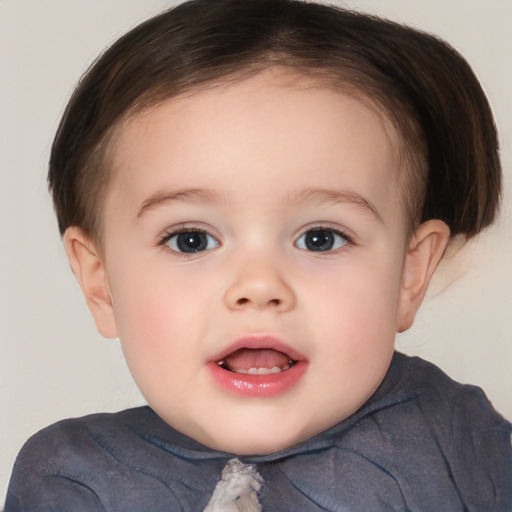 Joyful white child female with short  brown hair and brown eyes