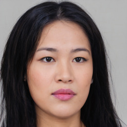 Neutral asian young-adult female with long  black hair and brown eyes