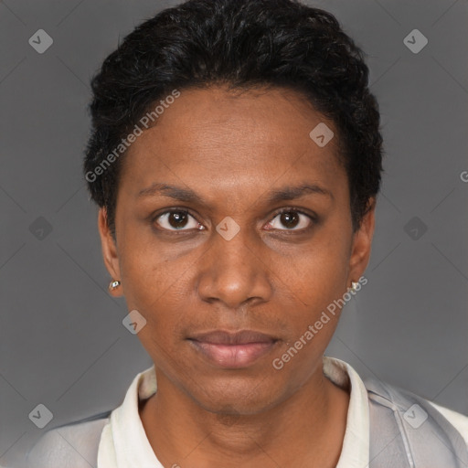 Neutral black adult female with short  brown hair and brown eyes