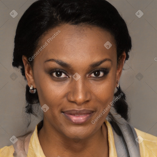 Joyful latino young-adult female with medium  black hair and brown eyes