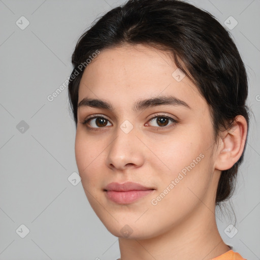 Neutral white young-adult female with medium  brown hair and brown eyes