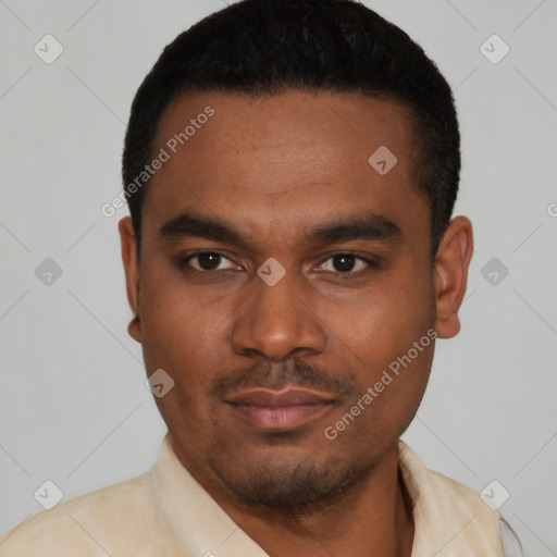 Neutral latino young-adult male with short  black hair and brown eyes
