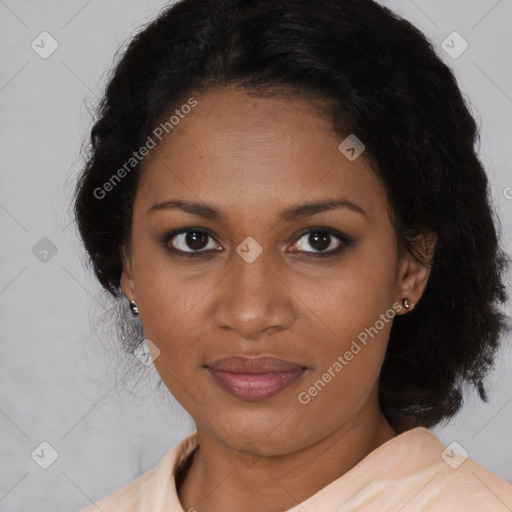 Joyful black young-adult female with medium  brown hair and brown eyes