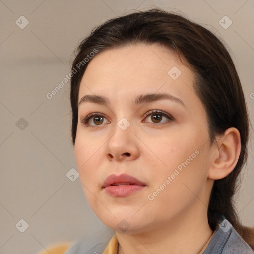 Neutral white young-adult female with medium  brown hair and brown eyes