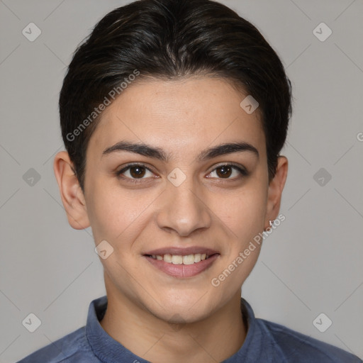 Joyful white young-adult female with short  brown hair and brown eyes