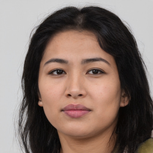 Neutral asian young-adult female with long  brown hair and brown eyes