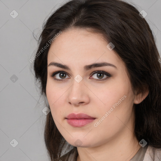 Neutral white young-adult female with medium  brown hair and brown eyes