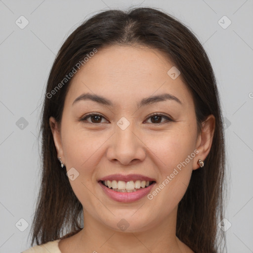 Joyful white young-adult female with medium  brown hair and brown eyes