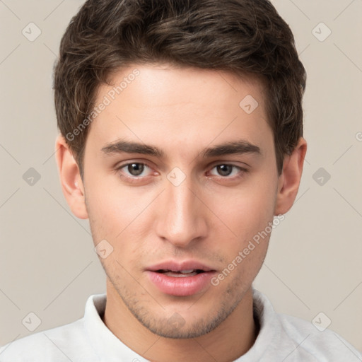 Neutral white young-adult male with short  brown hair and brown eyes