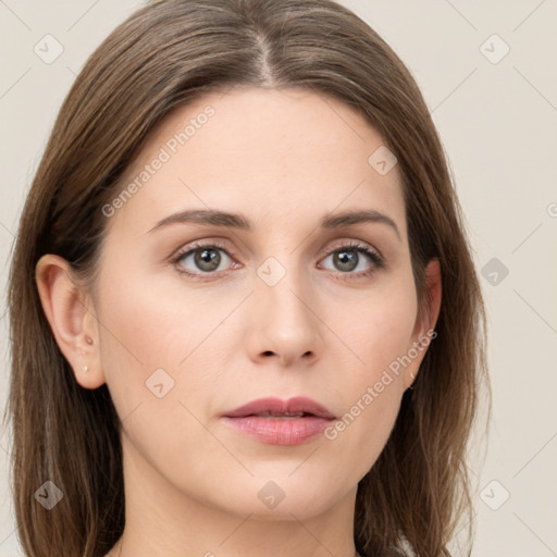 Neutral white young-adult female with long  brown hair and grey eyes