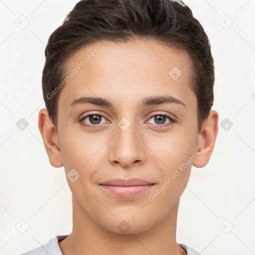 Joyful white young-adult female with short  brown hair and brown eyes