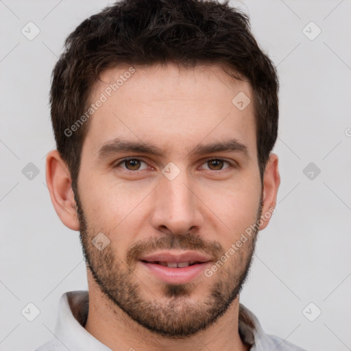 Neutral white young-adult male with short  brown hair and brown eyes