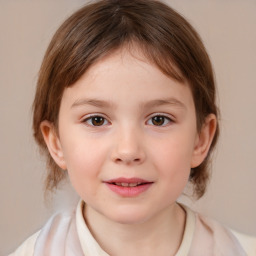 Joyful white child female with medium  brown hair and brown eyes