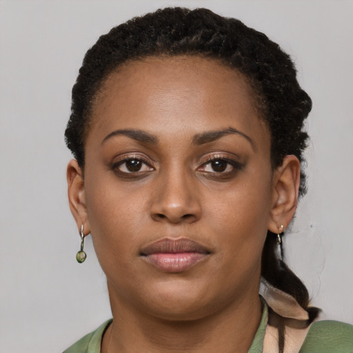 Neutral black young-adult female with short  brown hair and brown eyes