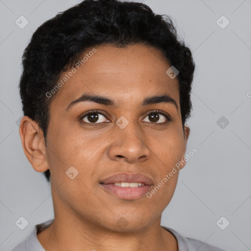 Joyful latino young-adult female with short  brown hair and brown eyes