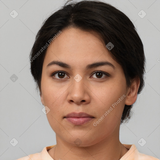 Neutral white young-adult female with short  brown hair and brown eyes