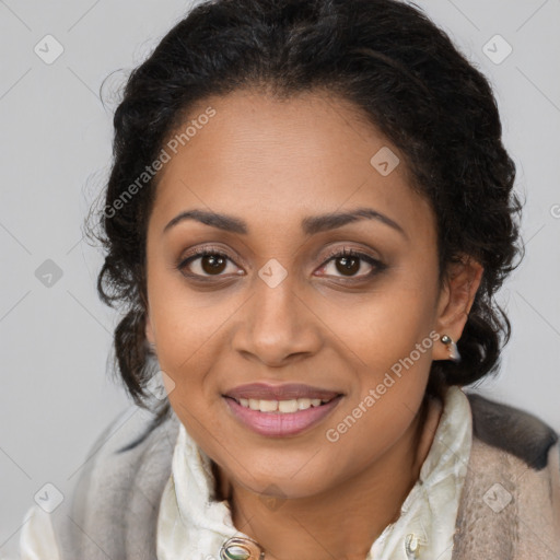 Joyful black young-adult female with medium  brown hair and brown eyes