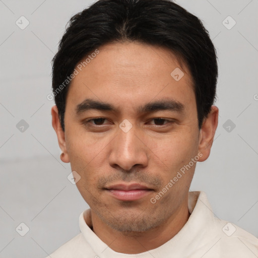 Neutral asian young-adult male with short  black hair and brown eyes