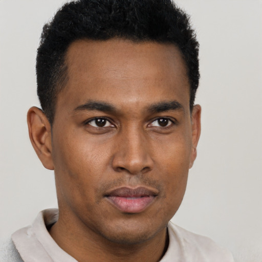 Neutral black young-adult male with short  brown hair and brown eyes