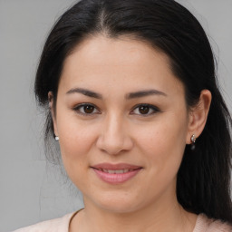 Joyful white young-adult female with medium  brown hair and brown eyes