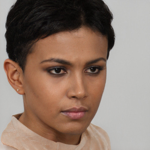 Neutral asian young-adult female with short  brown hair and brown eyes