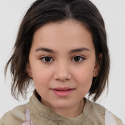 Joyful white child female with medium  brown hair and brown eyes