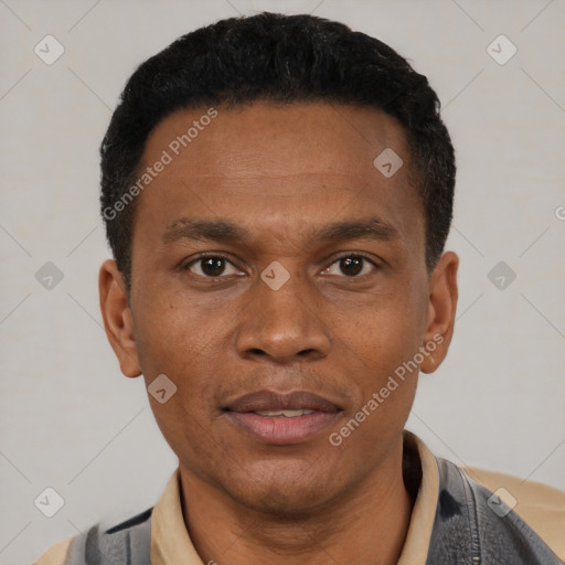 Joyful black young-adult male with short  black hair and brown eyes