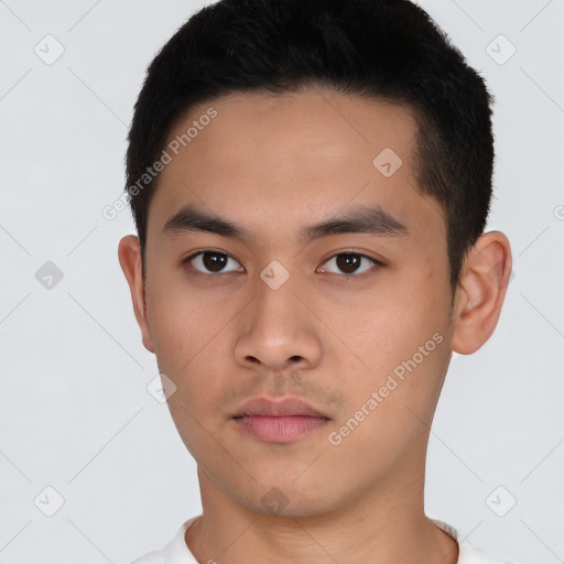 Neutral asian young-adult male with short  black hair and brown eyes