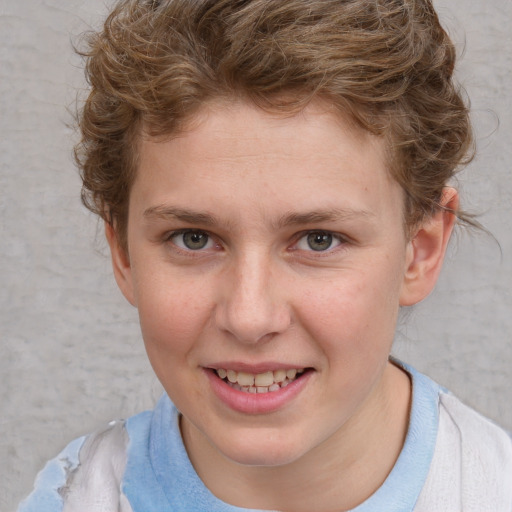 Joyful white young-adult female with short  brown hair and blue eyes