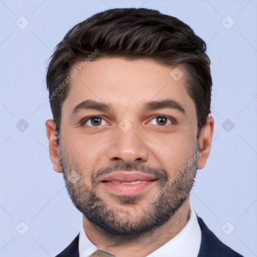 Joyful white young-adult male with short  black hair and brown eyes