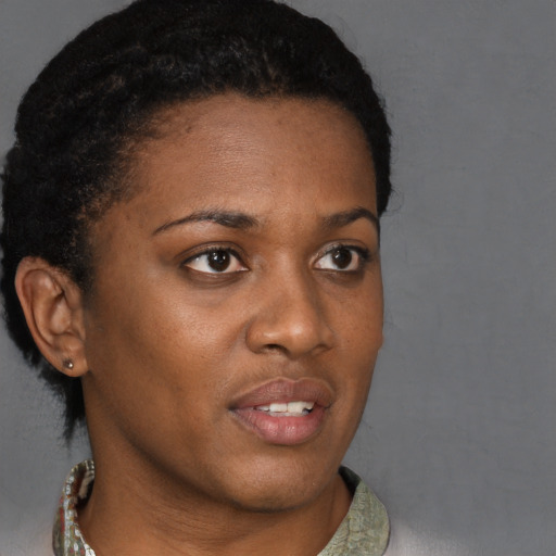Neutral black young-adult female with short  brown hair and brown eyes