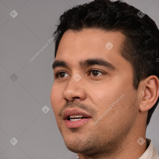 Neutral white young-adult male with short  black hair and brown eyes