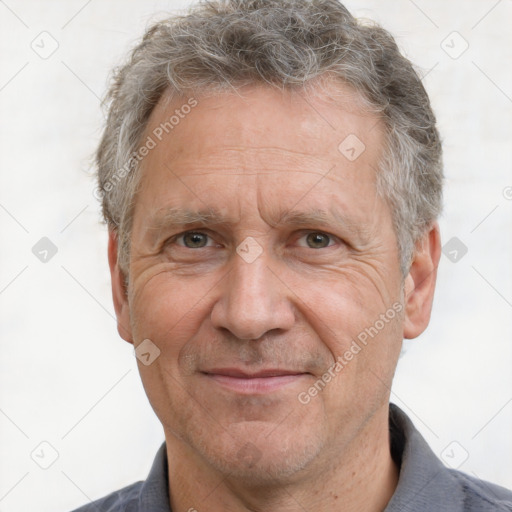 Joyful white middle-aged male with short  brown hair and brown eyes