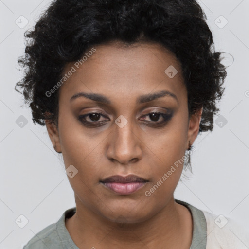 Neutral black young-adult female with short  brown hair and brown eyes