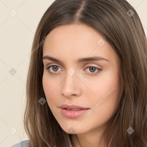 Neutral white young-adult female with long  brown hair and brown eyes