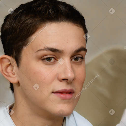 Neutral white young-adult female with short  brown hair and brown eyes