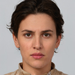 Neutral white young-adult female with medium  brown hair and brown eyes