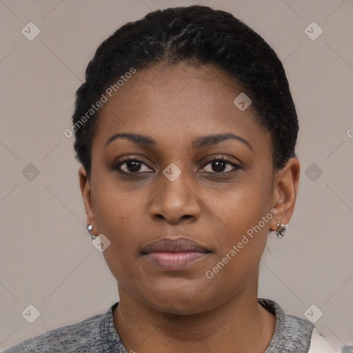 Neutral black young-adult female with short  black hair and brown eyes